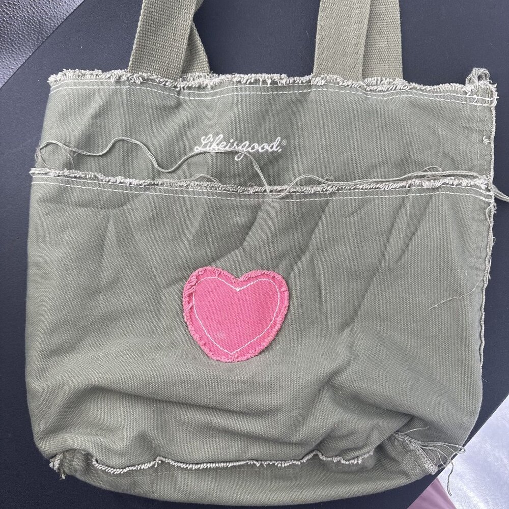 Life is good Green‎ Canvas Shoulder Bag Pink heart distressed edges
